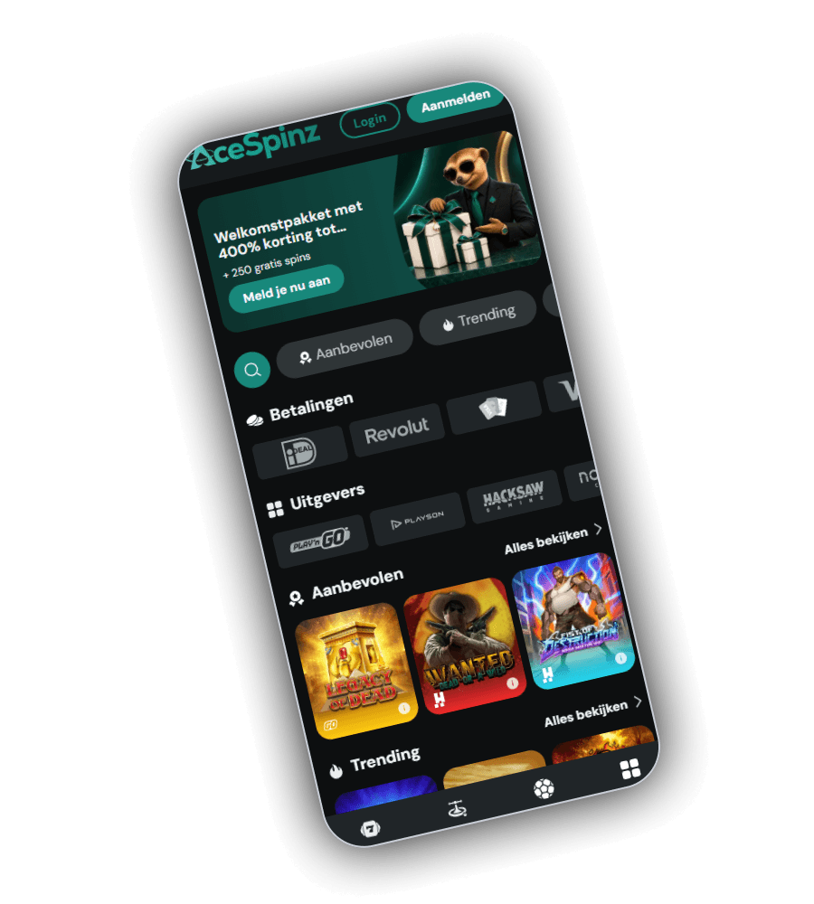 Nederlandse lobby van AceSpinz op een telefoon met de banner Welkomstpakket met 400% korting tot en 250 gratis spins, de knop Meld je nu aan, de filters Aanbevolen en Trending, de stroken Betalingen met iDEAL en Revolut, Uitgevers met Play'n GO, Playson en Hacksaw, en de rij Aanbevolen met Legacy of Dead, Wanted en Fist of Destruction