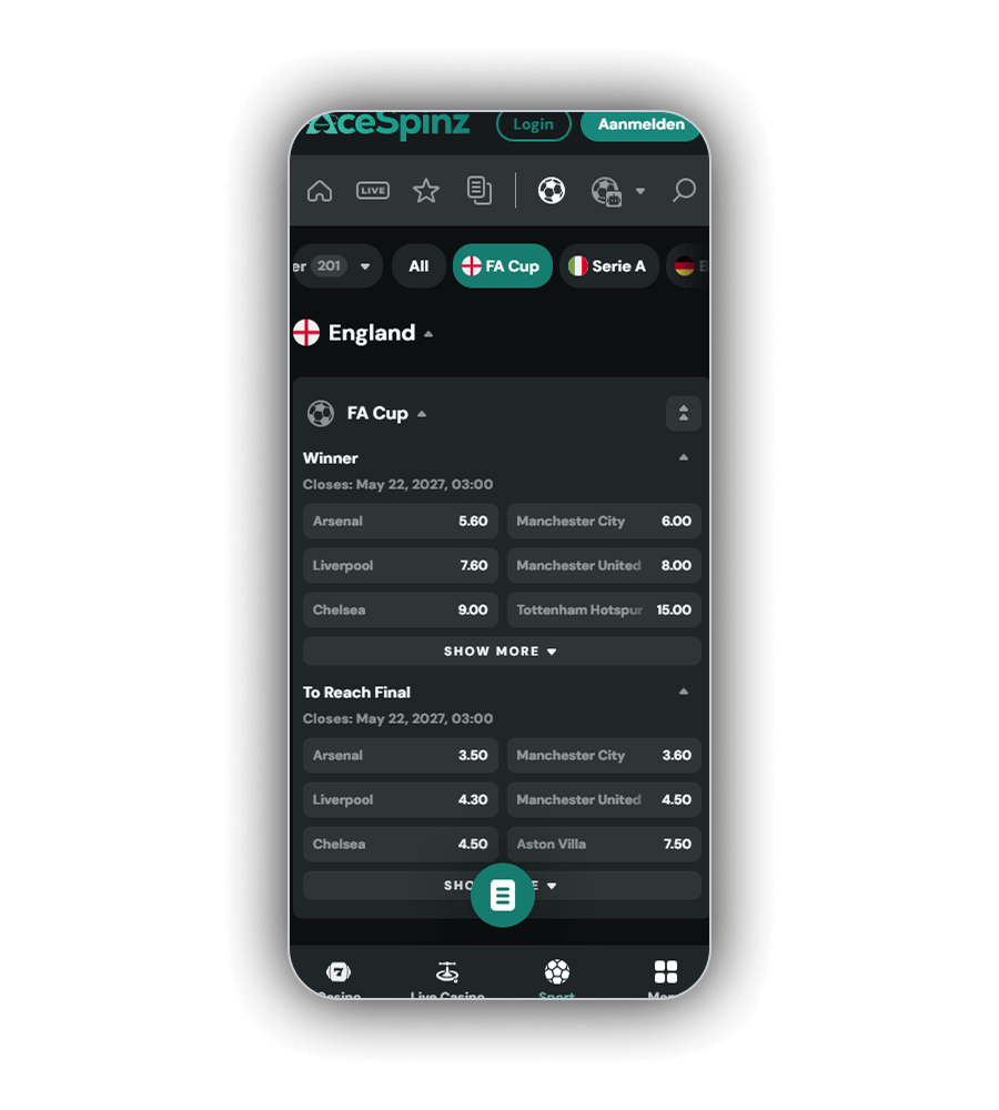 Sportgedeelte van AceSpinz op een telefoon met de iconen voor overzicht, LIVE, favorieten en weddenschappen, de knoppen All, FA Cup en Serie A, de kop England en de FA Cup markten Winner en To Reach Final, die sluiten op 22 mei 2027 om 03:00, met noteringen voor Arsenal, Manchester City, Liverpool, Manchester United, Chelsea, Tottenham Hotspur en Aston Villa