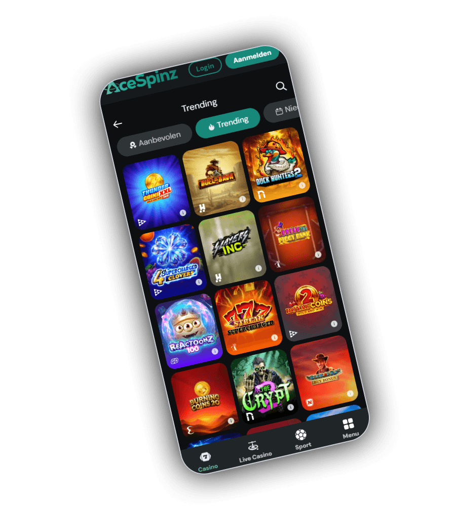 Raster Trending van AceSpinz op een telefoon met de tabbladen Aanbevolen, Trending en Nieuw en tegels voor Thunder Coins XXL, Duel at Dawn, Duck Hunters 2, 4 Supercharged Clovers, Slayers Inc, Reactoonz 100 en The Crypt, met onderaan de balk Casino, Live Casino, Sport en Menu